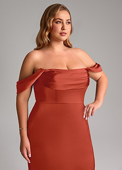 Azazie Saige Bridesmaid Dresses Rust Sheath Off the Shoulder Stretch Satin Dress image14