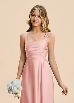 Azazie Azaria Junior Powder Pink A-Line Pleated Stretch Satin Dress image7