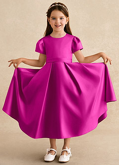 Azazie Princess Flower Girl Dresses Fuchsia A-Line Pleated Matte Satin Dress image3
