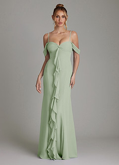 Azazie Karmela Bridesmaid Dresses Dusty Sage A-Line Off the Shoulder Chiffon Dress image4