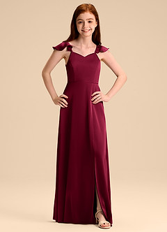 Azazie Everett Junior Vestido de Borgoña de Satén Elástico de Corte en A con Lazo image7