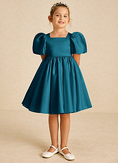 Azazie Muffin Blumenmädchenkleider A-Linie mit ärmel Matte Satin Kleid Tintenblau image2