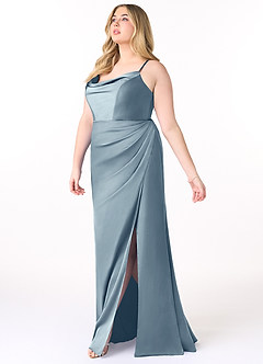 Azazie Marzia Vestidos de damas de honor Vestido de Azul Polvoriento de Satén Elástico de Corte Recto con Cuello V Plisado image9