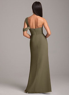 Azazie Wynter At-home Try On Dresses Dusty Blue Sheath Off the Shoulder Chiffon Dress image6