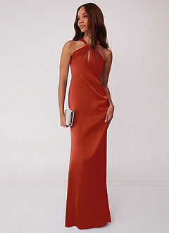 Barbie ♥ Azazie Bridesmaid Dresses Rust Sheath Stretch Satin Dress image3