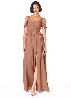Azazie Lianne Robes de demoiselle d'honneur Robe Trapèze en Mousseline de soie Épaule décolletée Bronze image2