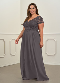 Azazie Dunja vestidos de madre de la novia Vestido de Gris Acero de Gasa de Corte En A con Encaje cuello pico image10
