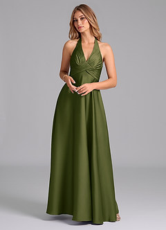 Azazie Tessie Bridesmaid Dresses Bright Olive A-Line Pleated Stretch Satin Dress image1