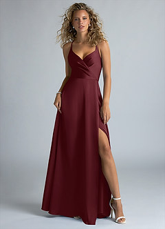 Azazie Davis Bridesmaid Dresses Cabernet A-Line Pleated Stretch Satin Dress image2