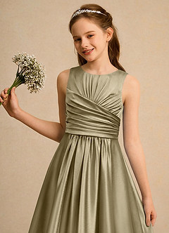 Azazie Ducky Girls Formal Flower Girl Dresses Moss Green A-Line Pleated Stretch Satin Dress image6
