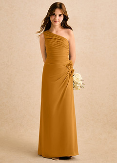Azazie Sophie Girls Formal Robe Demoiselle D'honneur Fillette Robe Fourreau en Mousseline de soie Une épaule Caramel écossais image5