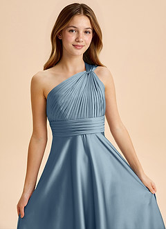 Azazie Charlize Junior Dusty Blue A-Line Pleated Stretch Satin Dress image6