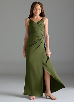 Azazie Maci Junior Olive Mermaid Pleated Stretch Satin Dress image3