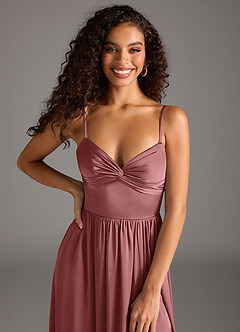 Azazie Zeya Bridesmaid Dresses Amethyst A-Line Pleated Stretch Satin Dress image5