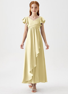 Azazie Omari Junior Lemon Sorbet A-Line Pleated Stretch Satin Dress image5