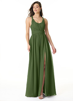 Azazie Olani Robes de demoiselle d'honneur Robe Trapèze Convertible en Mousseline de soie Épaule décolletée Olive image1