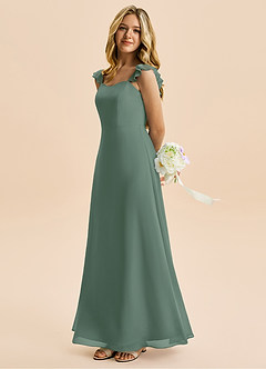 Azazie Mavie Junior Abito A-Line in Chiffon Increspato Eucalipto image3