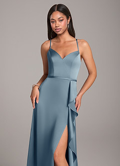 Azazie Naeem At-home Try On Dresses Dusty Blue A-Line Stretch Satin Dress image2