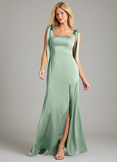 Azazie Frostine Vestidos de damas de honor Vestido de Agave de Satén Elástico de Corte en A con Lazo image4