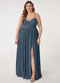 Azazie Zeya Robes de demoiselle d'honneur Robe Trapèze en Mousseline de soie Col V plissé Neptune image6