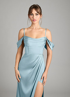 Azazie Johana Bridesmaid Dresses Moody Blue Mermaid Off the Shoulder Stretch Satin Convertible Dress image4