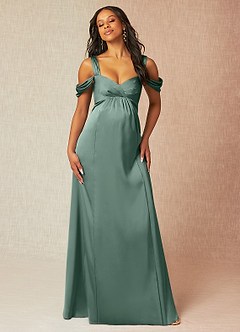 Azazie Rhea Robes de demoiselle d'honneur de maternité Robe Trapèze Épaule nue plissée Longueur ras du sol Satin extensible image4