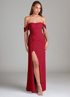 Azazie Amyra Bridesmaid Dresses Scarlet Sheath Off the Shoulder Chiffon Convertible Dress image3