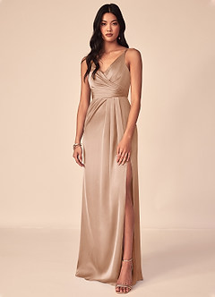 Azazie Aqua Bridesmaid Dresses English Rose A-Line V-Neck Pleated Stretch Satin Dress image2