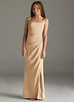 Azazie Mero Junior Champagne Mermaid Pleated Stretch Satin Dress image1