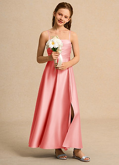 Azazie Pebbles Junior Formal Flower Girl Dresses Coral A-Line Pleated Matte Satin Dress image6