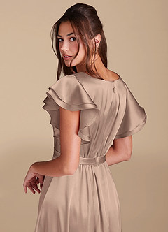 Azazie Daphne Modest Bridesmaid Dresses A-Line Ruched Metallic Satin Floor-Length Dress image6