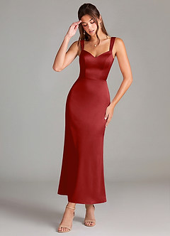 Azazie Denice 신부 들러리 드레스 쉬스 주름진 스트레치 새틴 발목 길이 드레스 image1