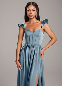 Azazie Denisse At-home Try On Dresses Dusty Blue A-Line Ruched Stretch Satin Dress image6