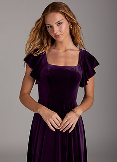 Azazie Bondi Bridesmaid Dresses Grape A-Line Side Slit Velvet Dress image3