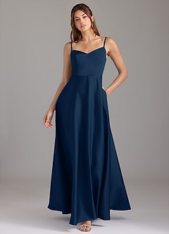 Azazie Marley Bridesmaid Dresses Dark Navy A-Line Off the Shoulder Stretch Satin Convertible Dress image1