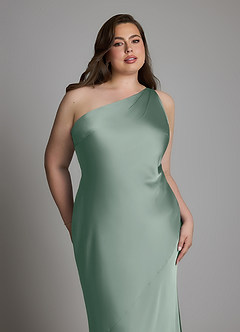 Azazie Juniper At-home Try On Dresses Dusty Rose Mermaid One Shoulder Stretch Satin Dress image11