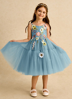 Azazie Osea Blumenmädchenkleider Ballkleid Plissee Tüll Kleid Stimmungsvolles Blau image8