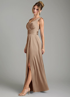 Azazie Karina Bridesmaid Dresses Taupe A-Line Pleated Stretch Satin Dress image3