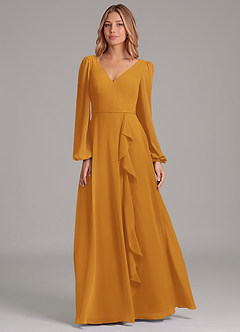 Azazie Simone Abiti da Damigella Abito A-Line in Chiffon Manica Lunga Caramello image5