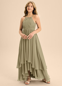 Azazie Elliora Junior A-Linie Plissee Chiffon Kleid Moosgrün image4