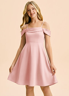 Azazie Anselie Junior Powder Pink A-Line Off the Shoulder Stretch Satin Dress image5