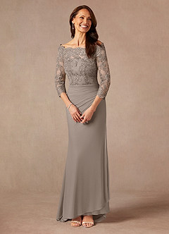 Azazie Rhonda Mother of the Bride Dresses Taupe Mermaid Off the Shoulder Mesh Dress image5