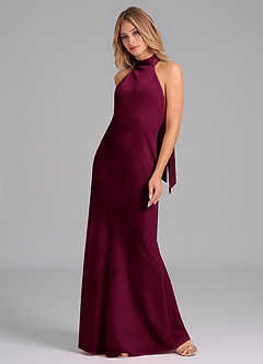 Azazie Velli Vestidos de damas de honor Vestido de Cabernet de terciopelo de Corte Sirena con Cuello Alto image5