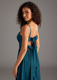 Azazie Zeya Robes de demoiselle d'honneur Robe Trapèze en Satin extensible Plissée Bleu Encre image5