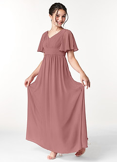 Azazie Temeka Junior Desert Rose A-Line Pleated Chiffon Dress image3