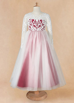 Azazie Elodie Flower Girl Dresses Ivory Burgundy Ball-Gown Lace Dress image10
