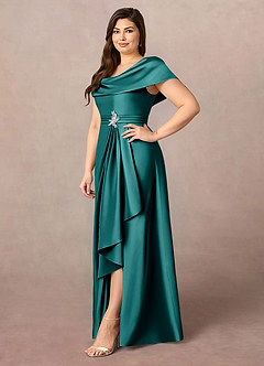 Azazie Branford Mother of the Bride Dresses Peacock A-Line Pleated Stretch Satin Dress image11