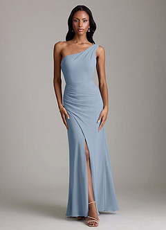 Azazie Madelyn Bridesmaid Dresses Dusty Blue Mermaid One Shoulder Chiffon Convertible Dress image7