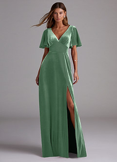 Azazie Kimber Bridesmaid Dresses Eucalyptus A-Line with Pockets Velvet Dress image1