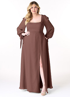 Azazie Leonia Bridesmaid Dresses Espresso A-Line Long Sleeve Chiffon Dress image4